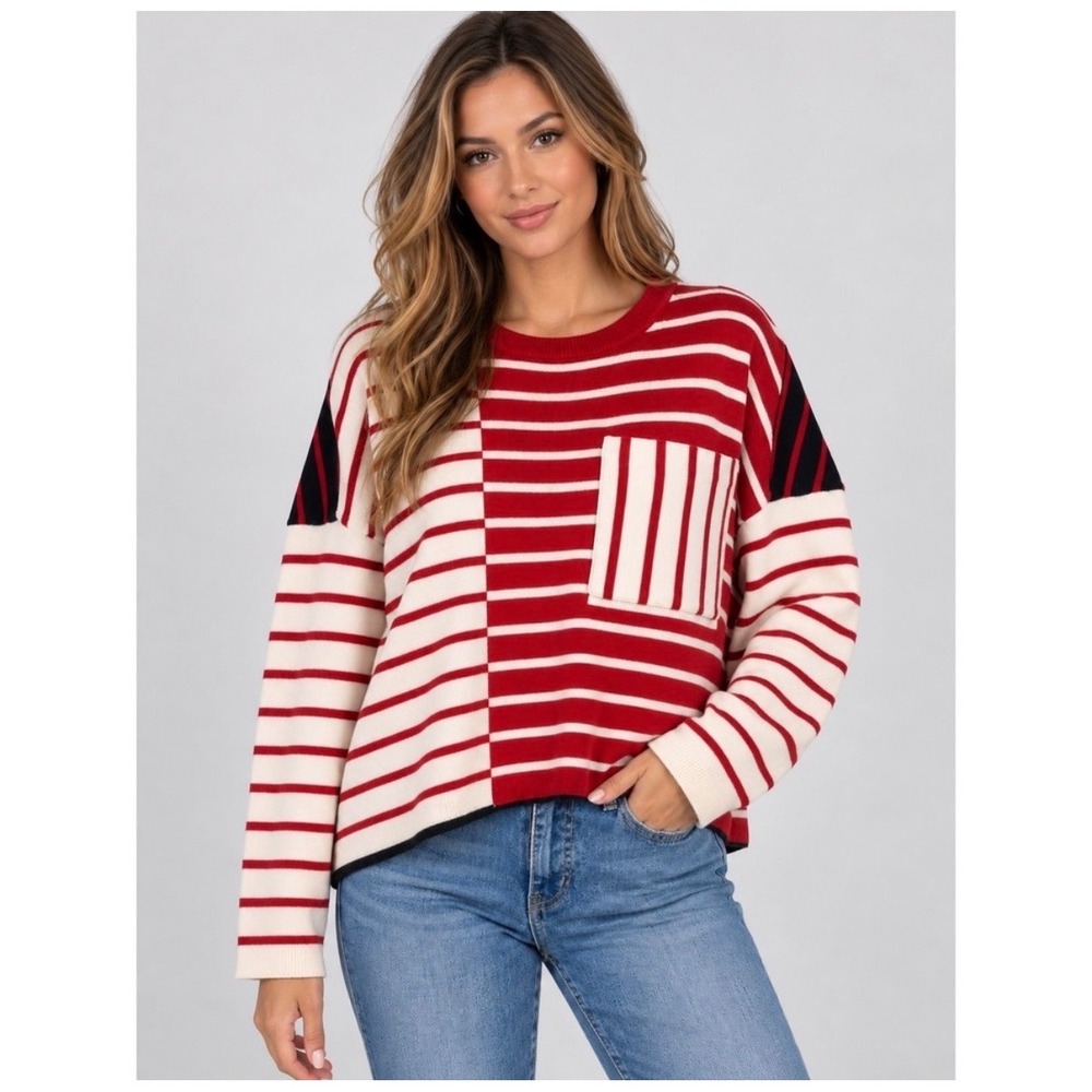 Cabi Replay Pullover Sweater Womens Small Red White Striped Colorblock 5635